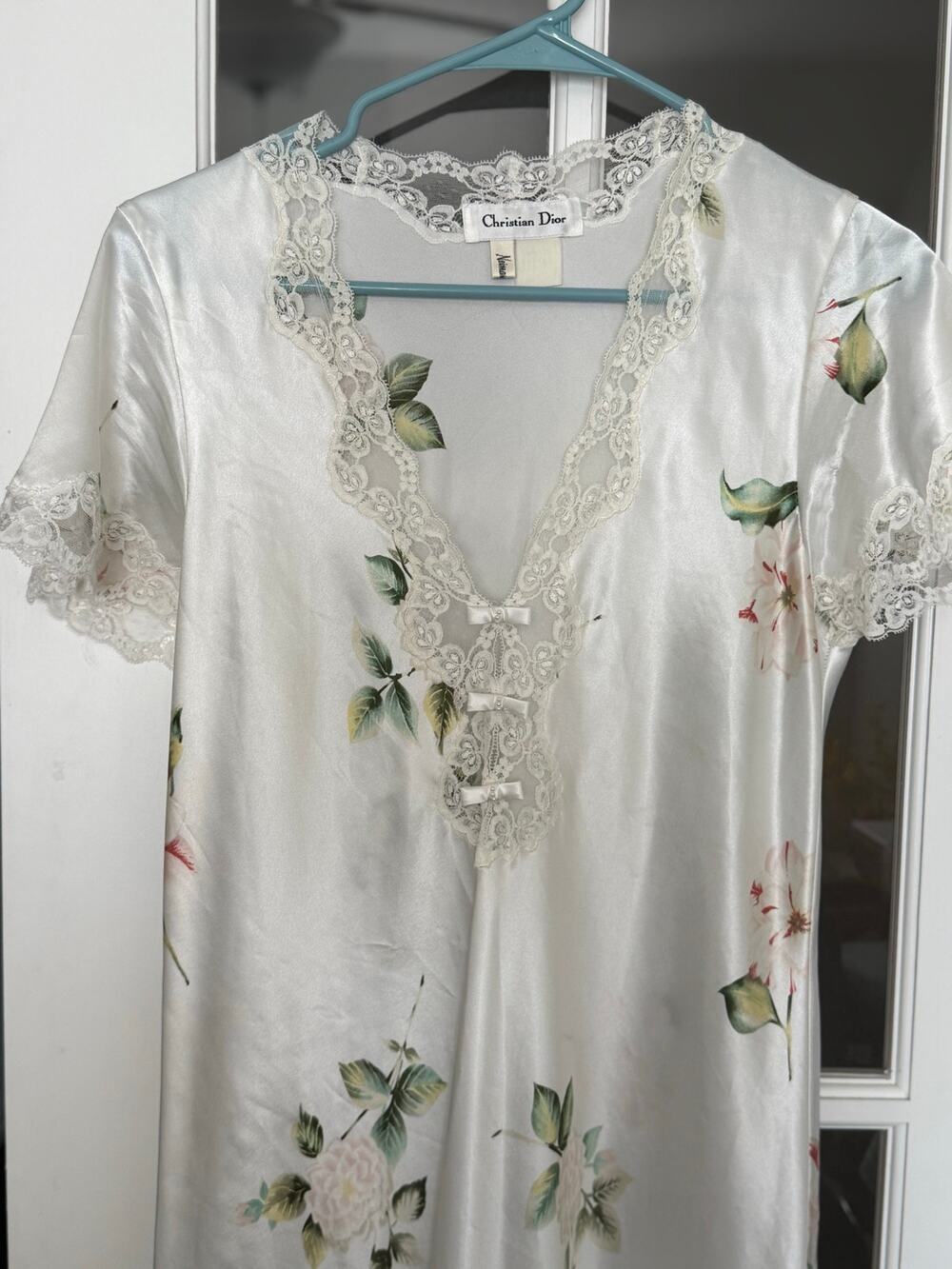 Vintage Christian Dior Floral Satin Nightgown Lace Trim Small 1970s-80s